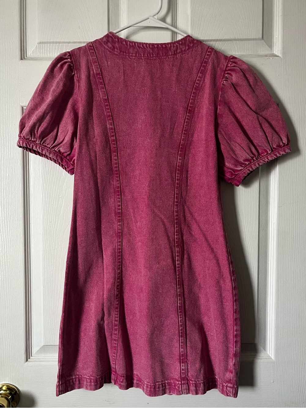 Denim Button Down Dress with Puff Sleeves in Pink Wash - Picture 2 of 7